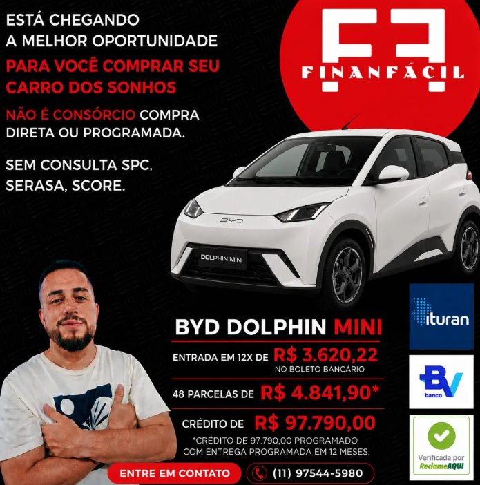 Carro BYD Dolphin Mini em uma oferta da Finan Fácil